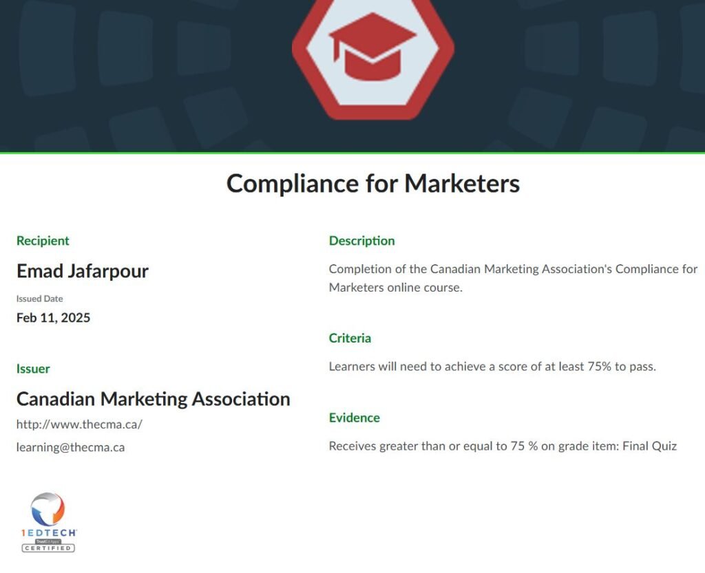 Canadian Compliance Marketer Cert. for Emad
