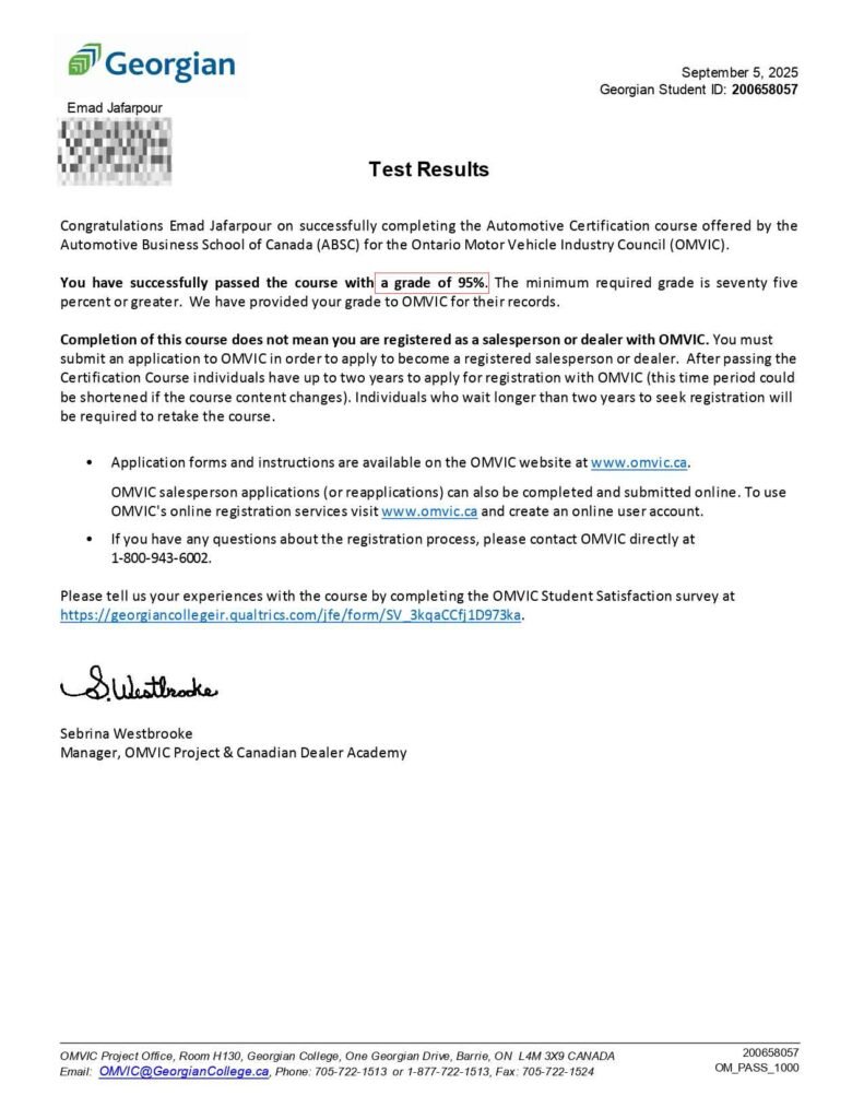 letter OMVIC Certificate Georgian College for Emad